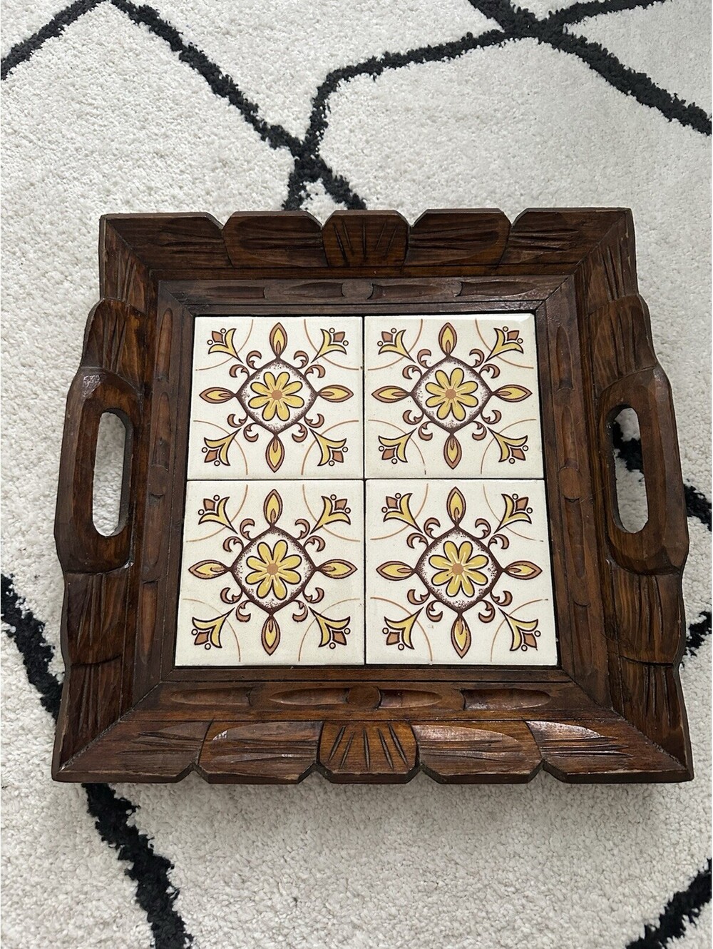 Vintage Talavera Mexican Hand Carved Wood And Ceramic Tile Tray 13"x13"